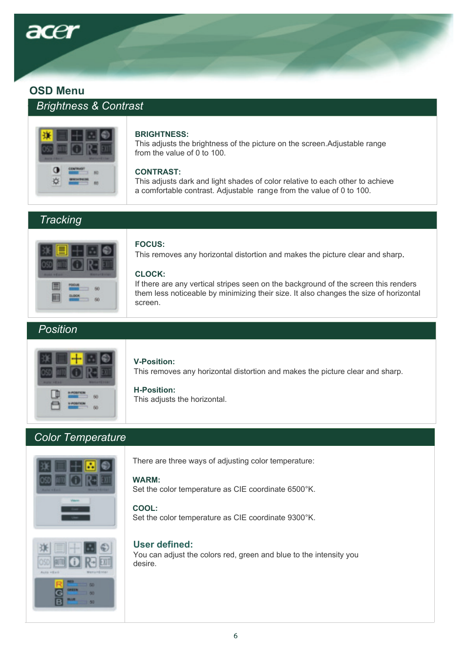 Brightness & contrast tracking, Position, Color temperature | Osd menu | Acer TCO03 User Manual | Page 7 / 12