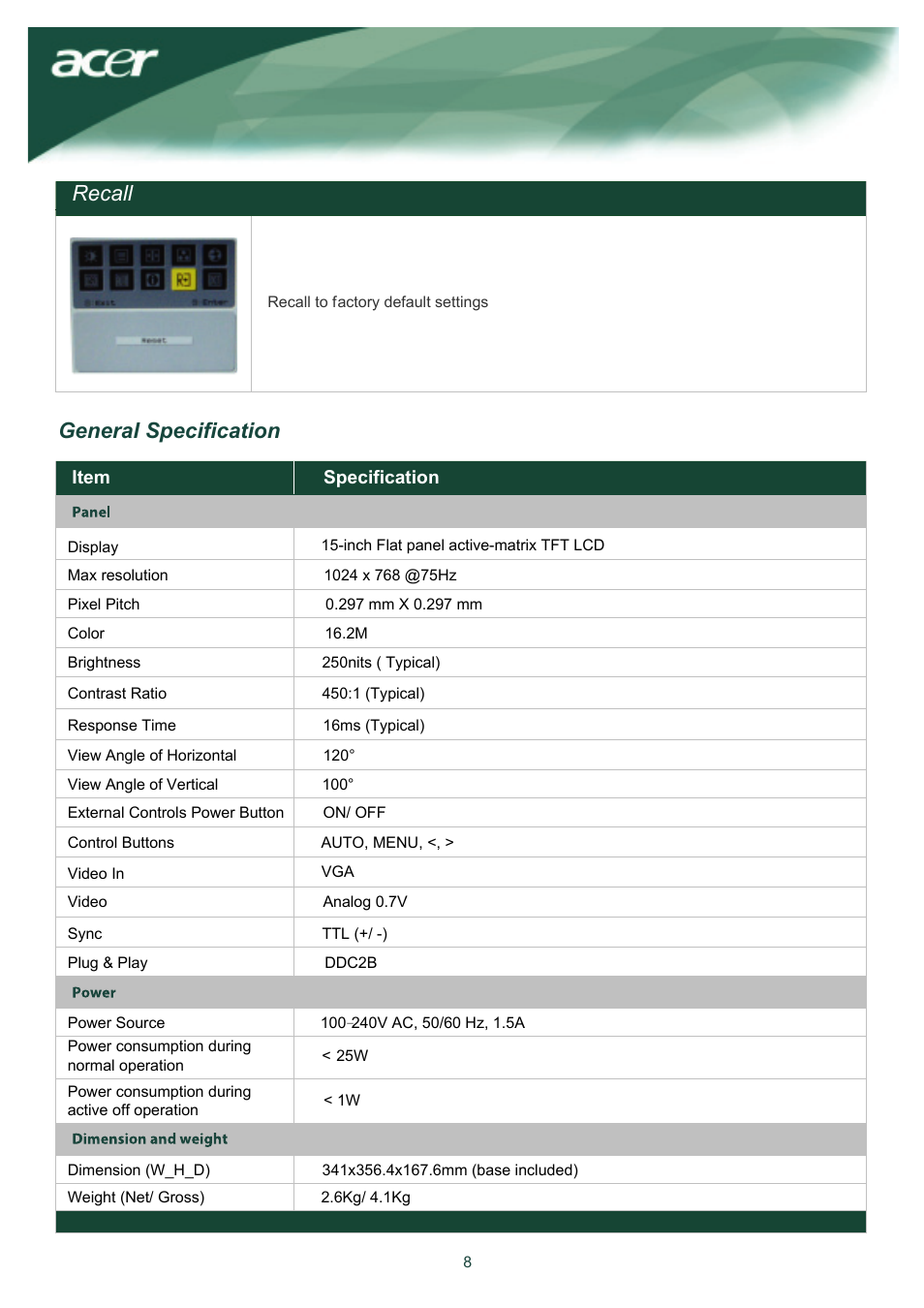 General specification, Recall | Acer TCO03 User Manual | Page 9 / 12