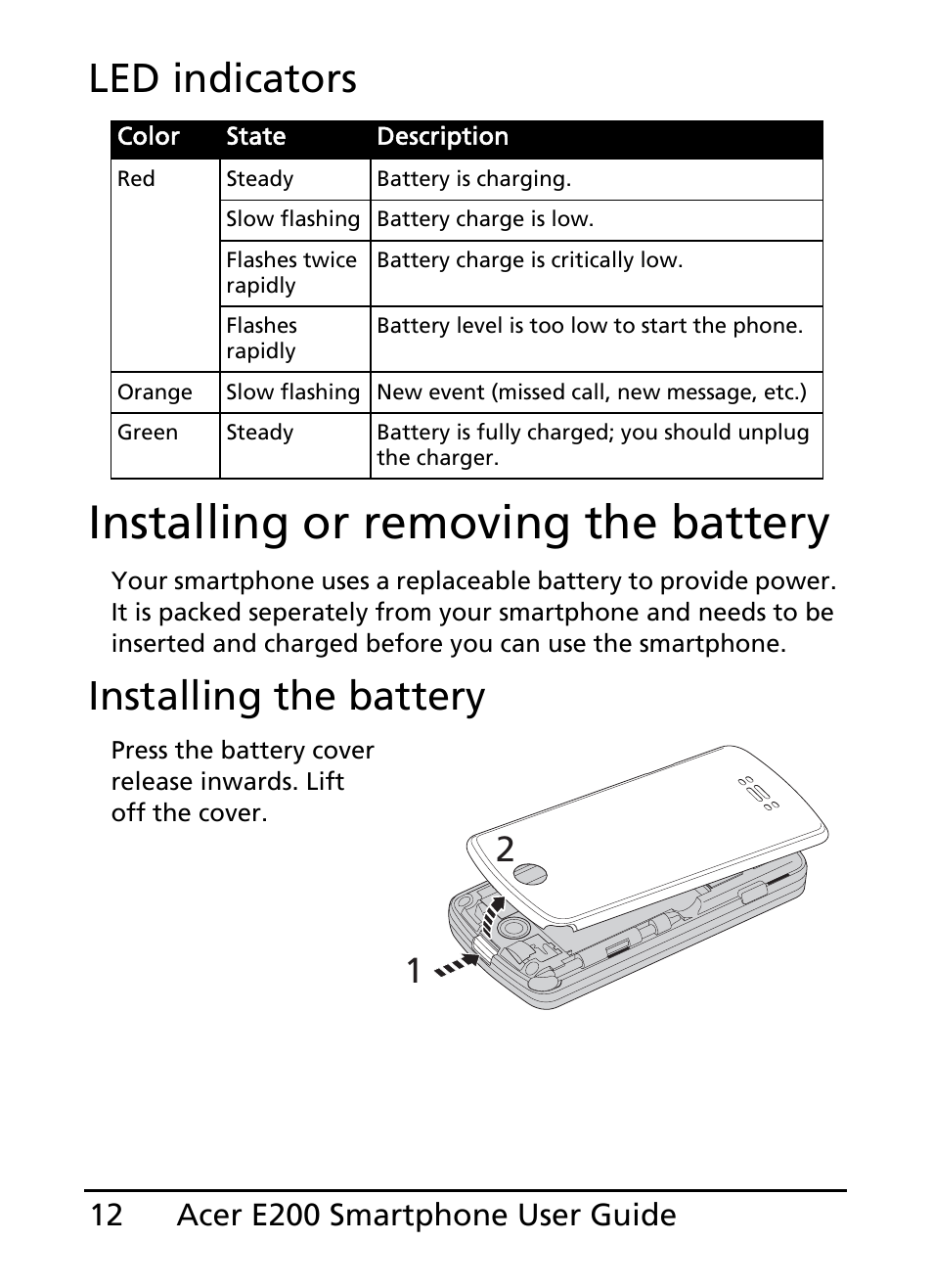 Installing or removing the battery, Led indicators, Installing the battery | Acer E200 User Manual | Page 12 / 90