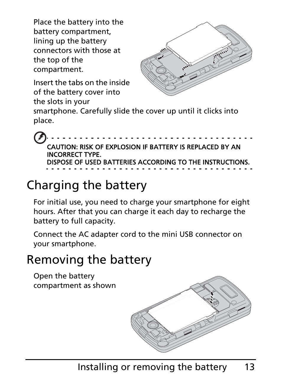 Charging the battery, Removing the battery | Acer E200 User Manual | Page 13 / 90