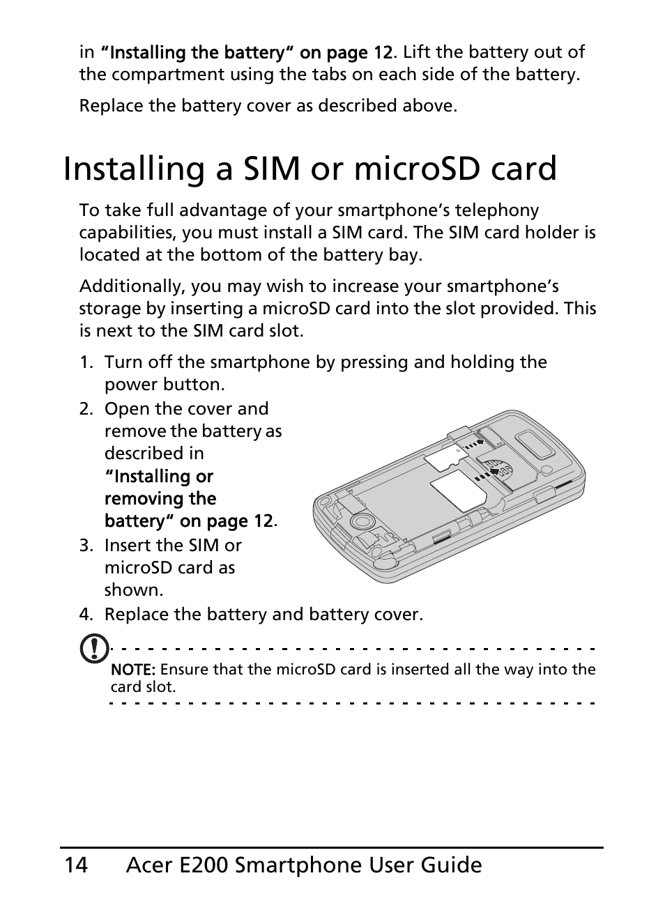 Installing a sim or microsd card | Acer E200 User Manual | Page 14 / 90