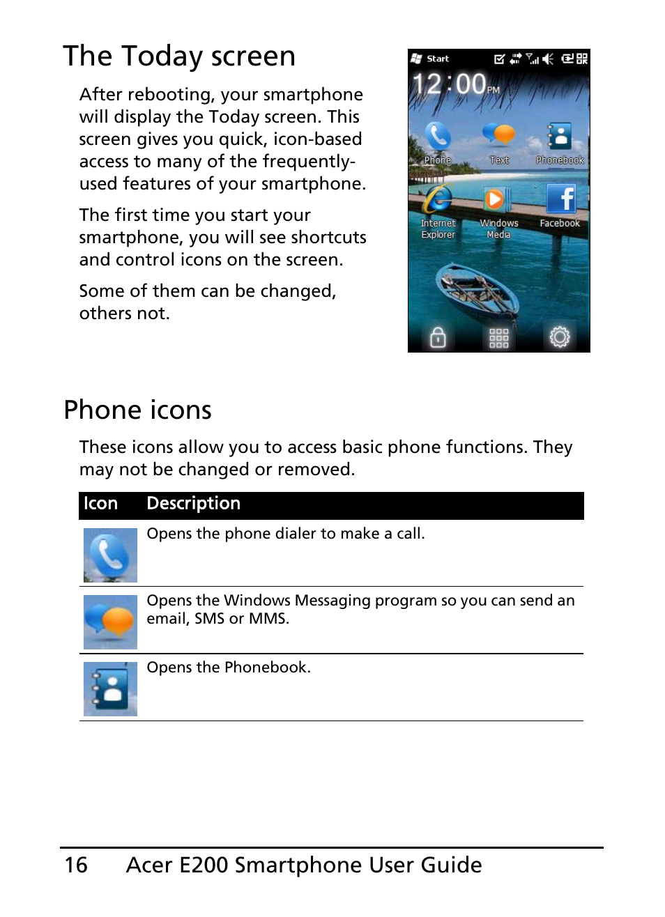 The today screen, Phone icons | Acer E200 User Manual | Page 16 / 90