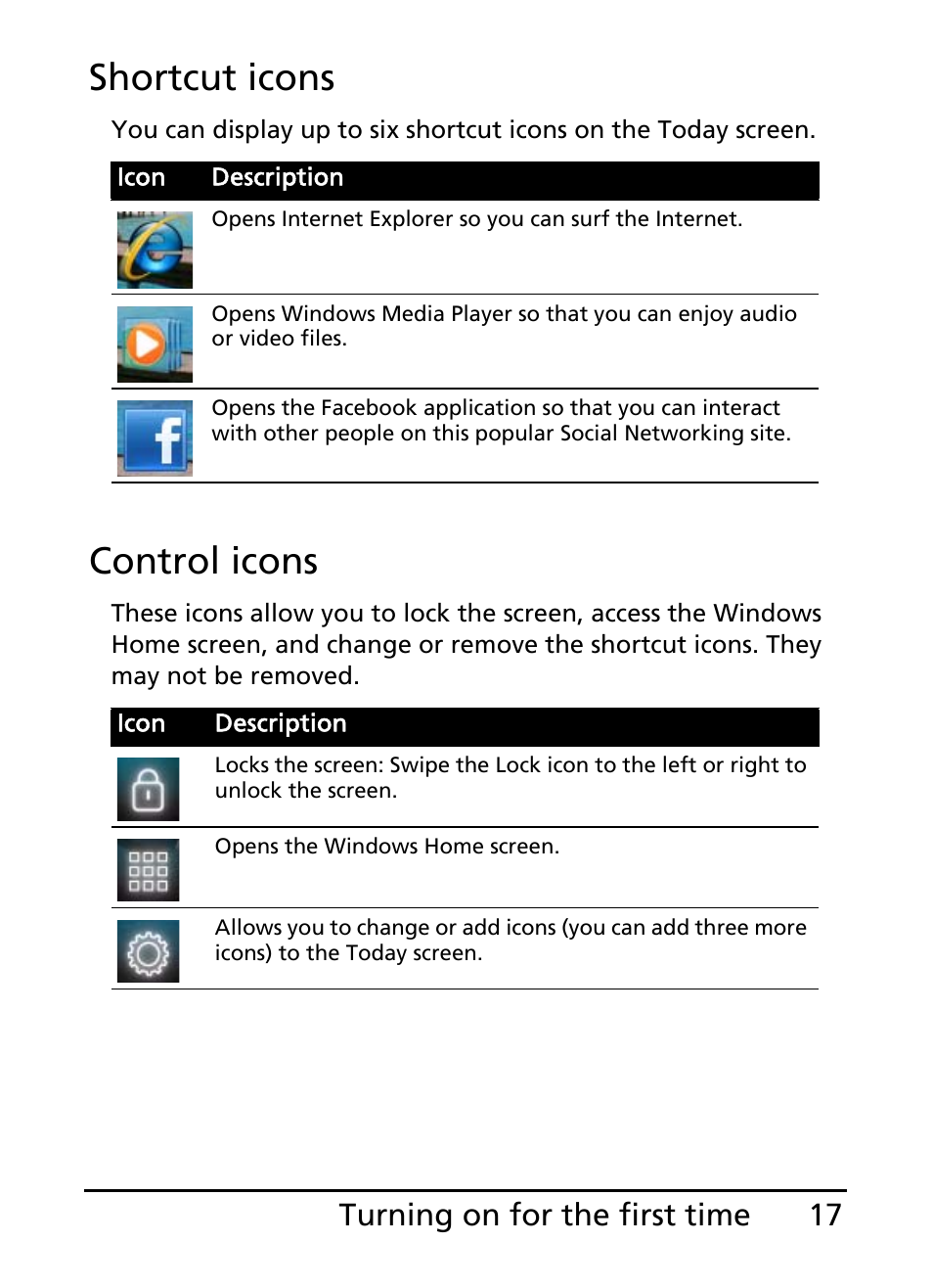 Shortcut icons, Control icons, 17 turning on for the first time | Acer E200 User Manual | Page 17 / 90