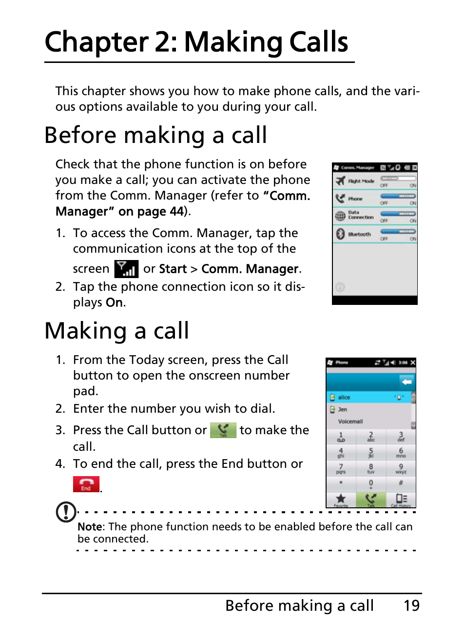 Before making a call, Making a call, Chapter 2: making calls | Before making a call making a call | Acer E200 User Manual | Page 19 / 90