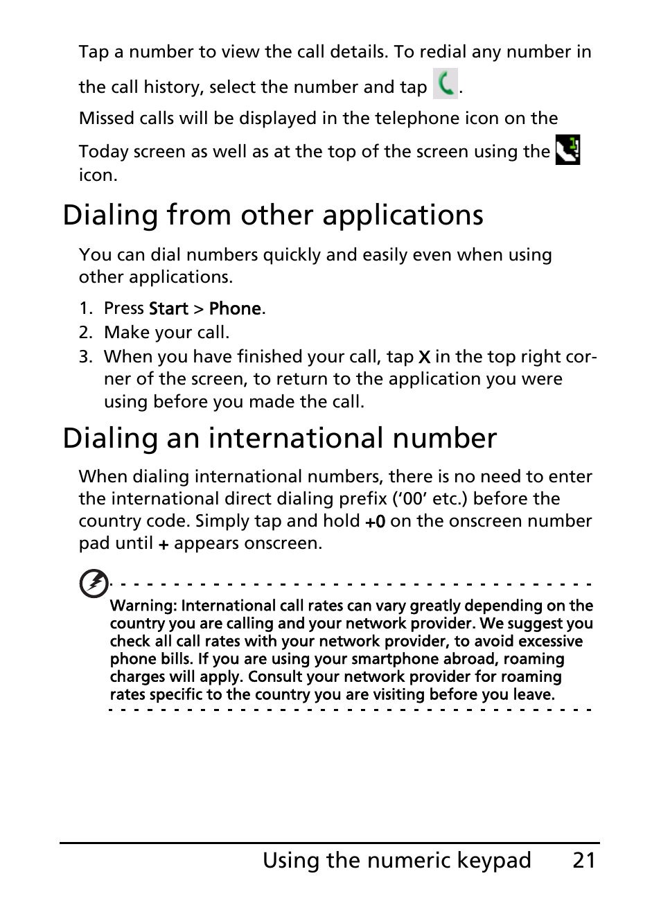 Dialing from other applications, Dialing an international number, 21 using the numeric keypad | Acer E200 User Manual | Page 21 / 90