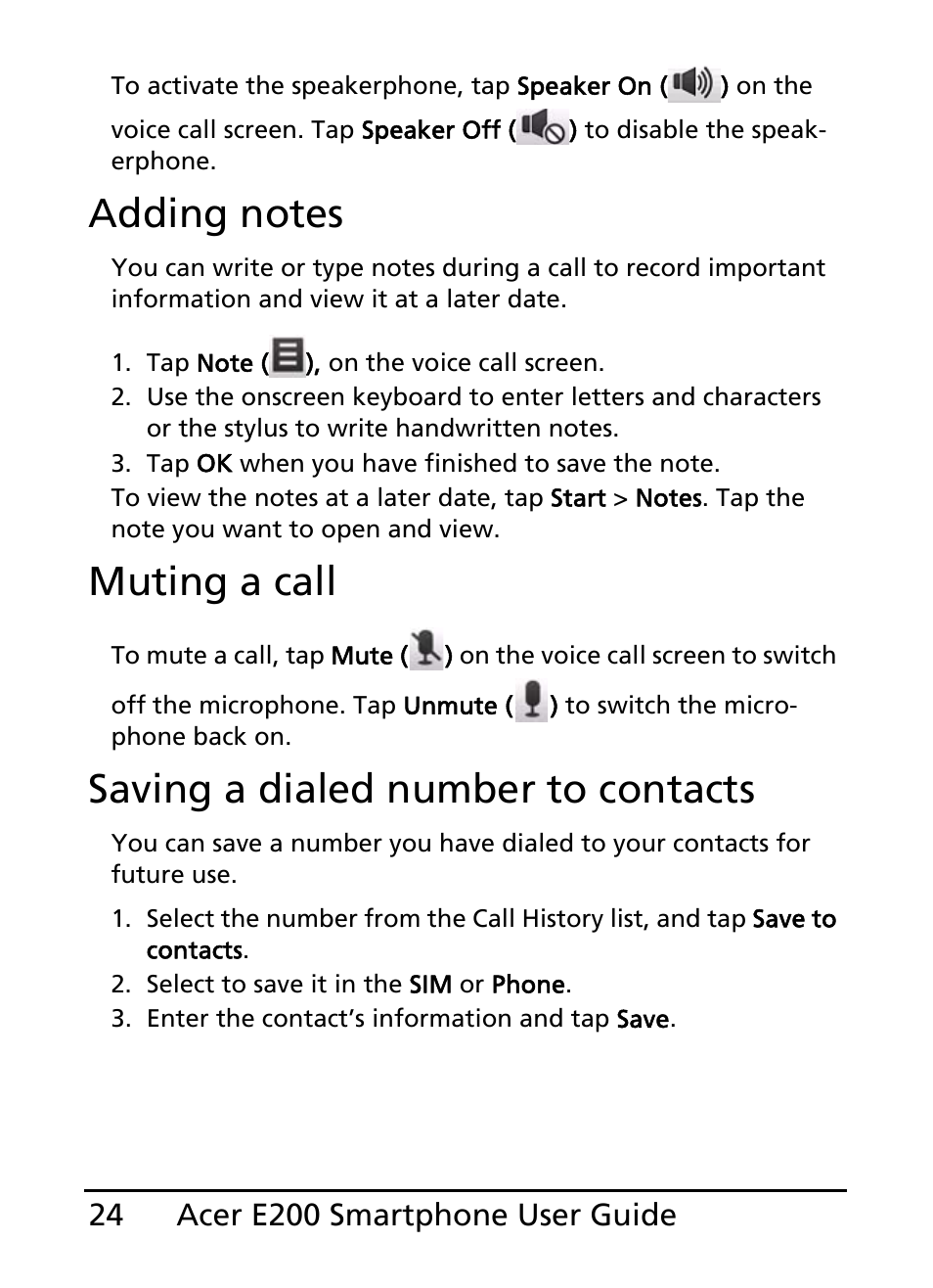 Muting a call, Saving a dialed number to contacts | Acer E200 User Manual | Page 24 / 90