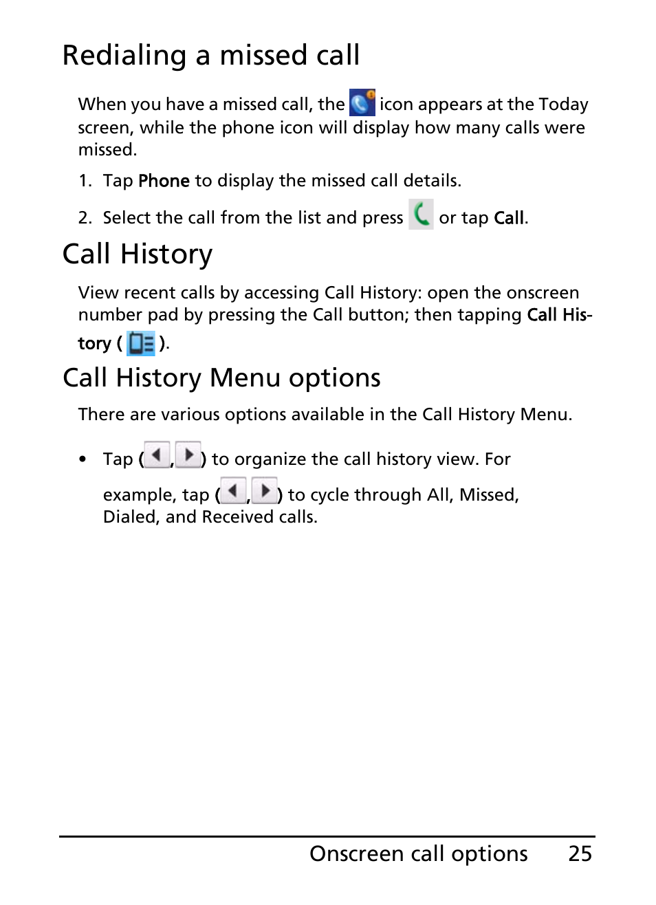 Redialing a missed call, Call history, Call history menu options | Acer E200 User Manual | Page 25 / 90