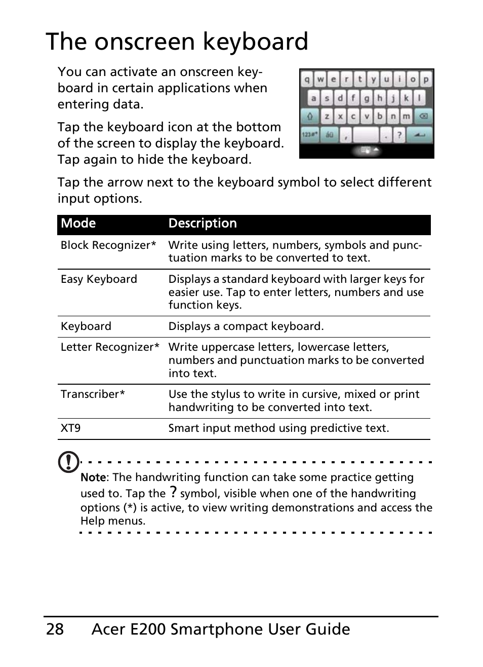 The onscreen keyboard | Acer E200 User Manual | Page 28 / 90