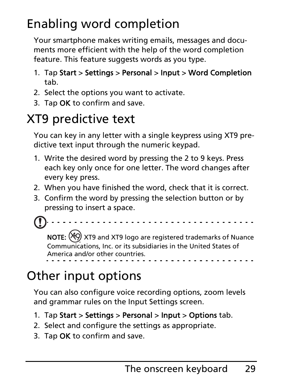 Enabling word completion, Xt9 predictive text, Other input options | Acer E200 User Manual | Page 29 / 90