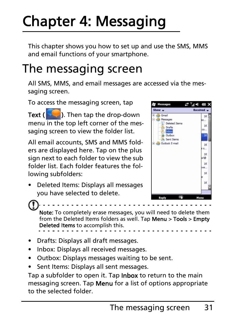 The messaging screen, Chapter 4: messaging | Acer E200 User Manual | Page 31 / 90