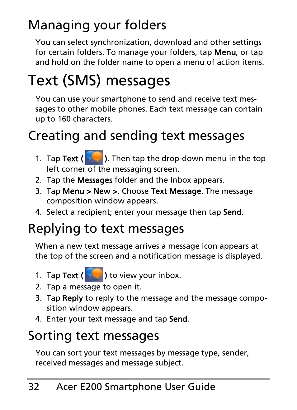 Text (sms) messages, Managing your folders, Creating and sending text messages | Replying to text messages, Sorting text messages | Acer E200 User Manual | Page 32 / 90