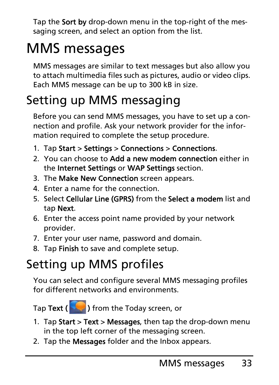 Mms messages, Setting up mms messaging, Setting up mms profiles | Acer E200 User Manual | Page 33 / 90