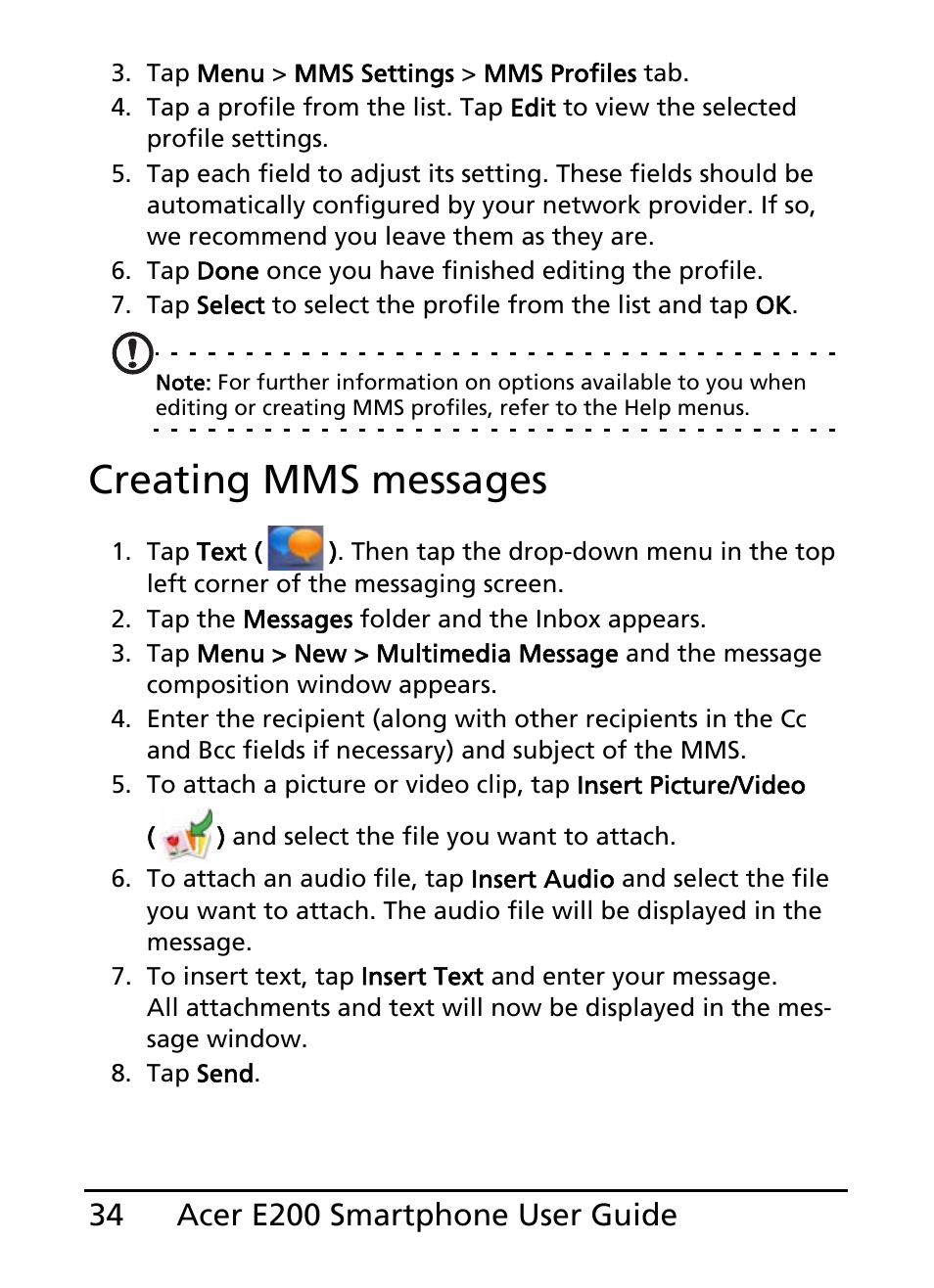 Creating mms messages | Acer E200 User Manual | Page 34 / 90