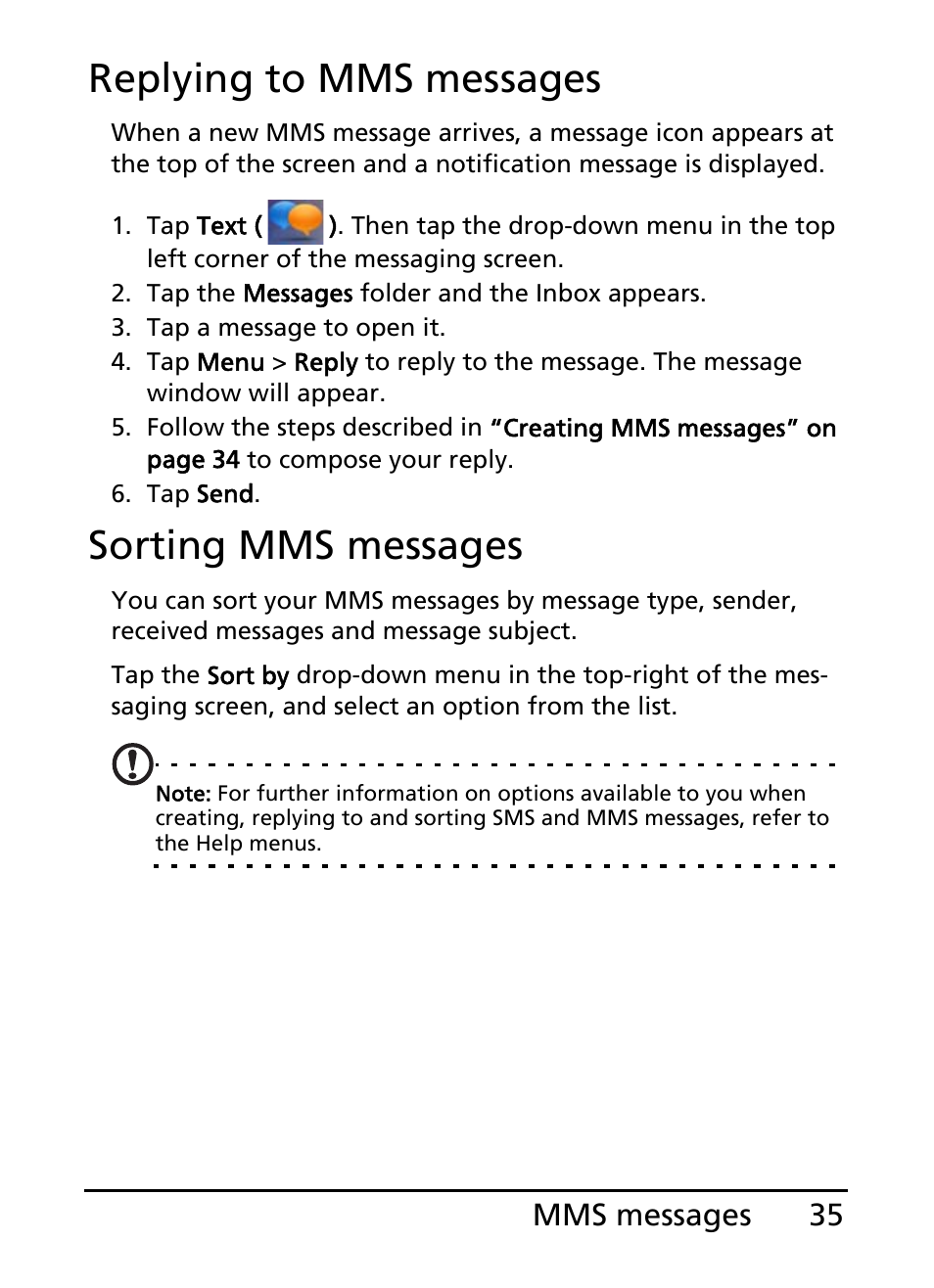 Replying to mms messages, Sorting mms messages, 35 mms messages | Acer E200 User Manual | Page 35 / 90