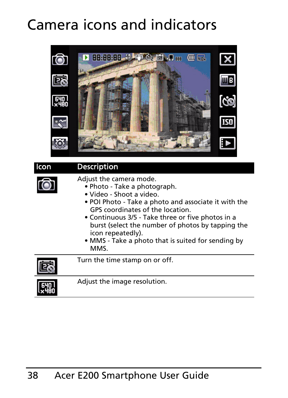 Camera icons and indicators | Acer E200 User Manual | Page 38 / 90