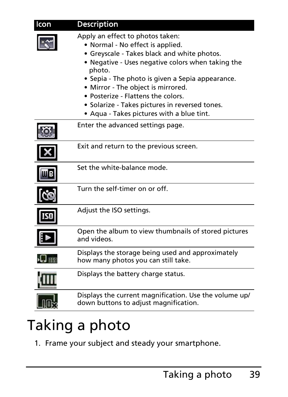 Taking a photo, 39 taking a photo | Acer E200 User Manual | Page 39 / 90