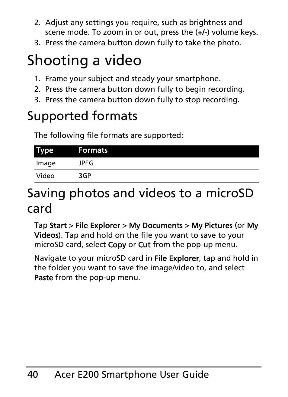 Shooting a video, Supported formats, Saving photos and videos to a microsd card | Acer E200 User Manual | Page 40 / 90