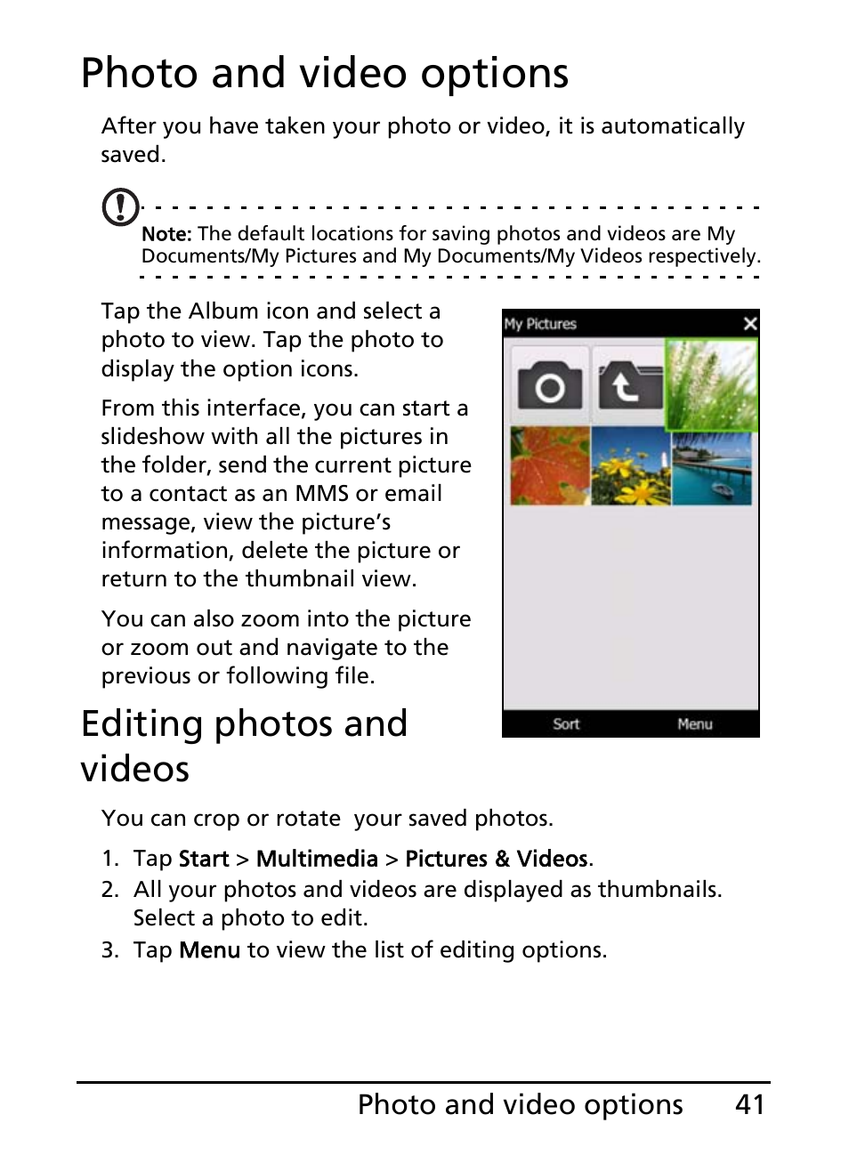 Photo and video options, Editing photos and videos | Acer E200 User Manual | Page 41 / 90