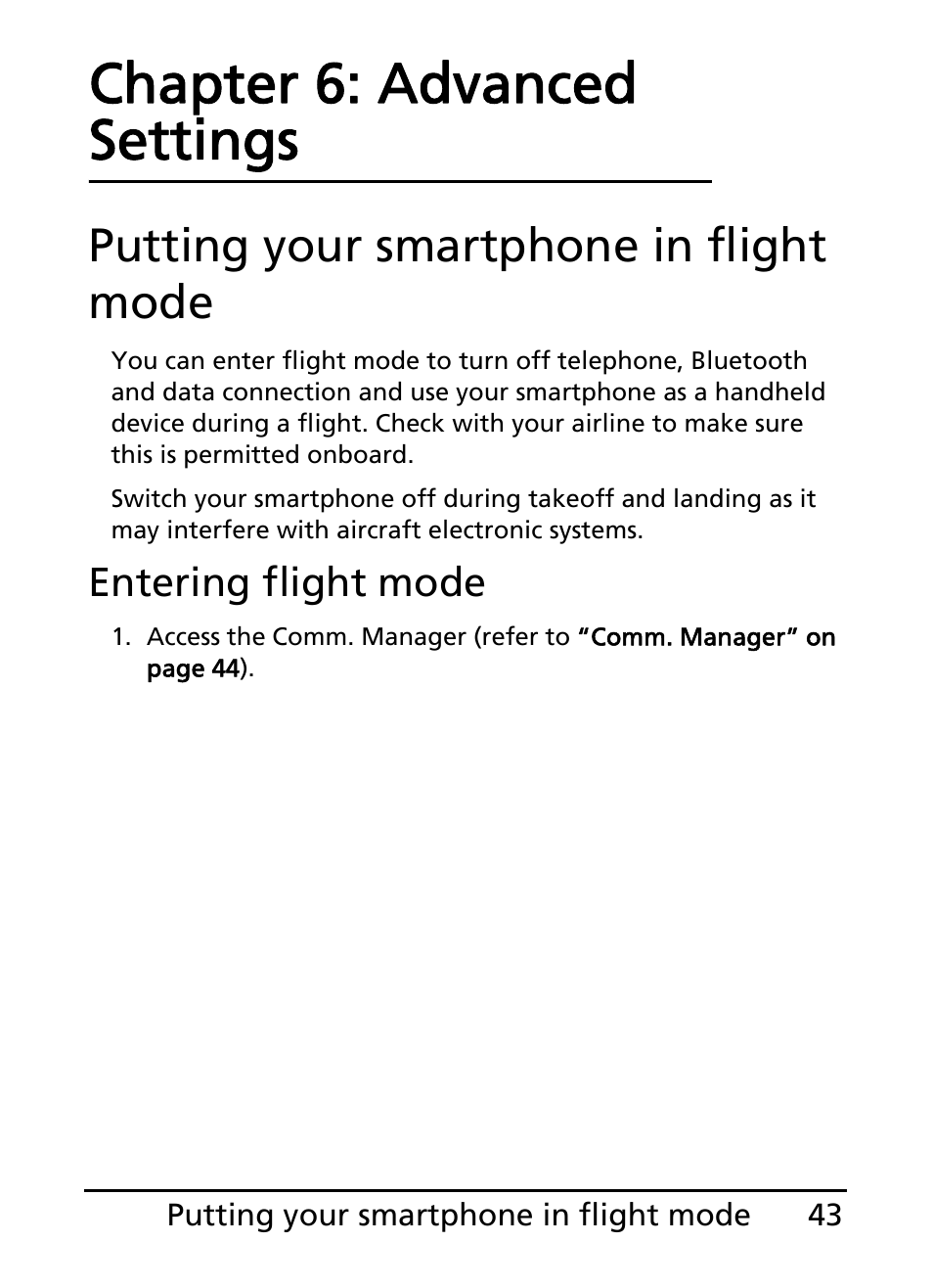 Putting your smartphone in flight mode, Chapter 6: advanced settings | Acer E200 User Manual | Page 43 / 90