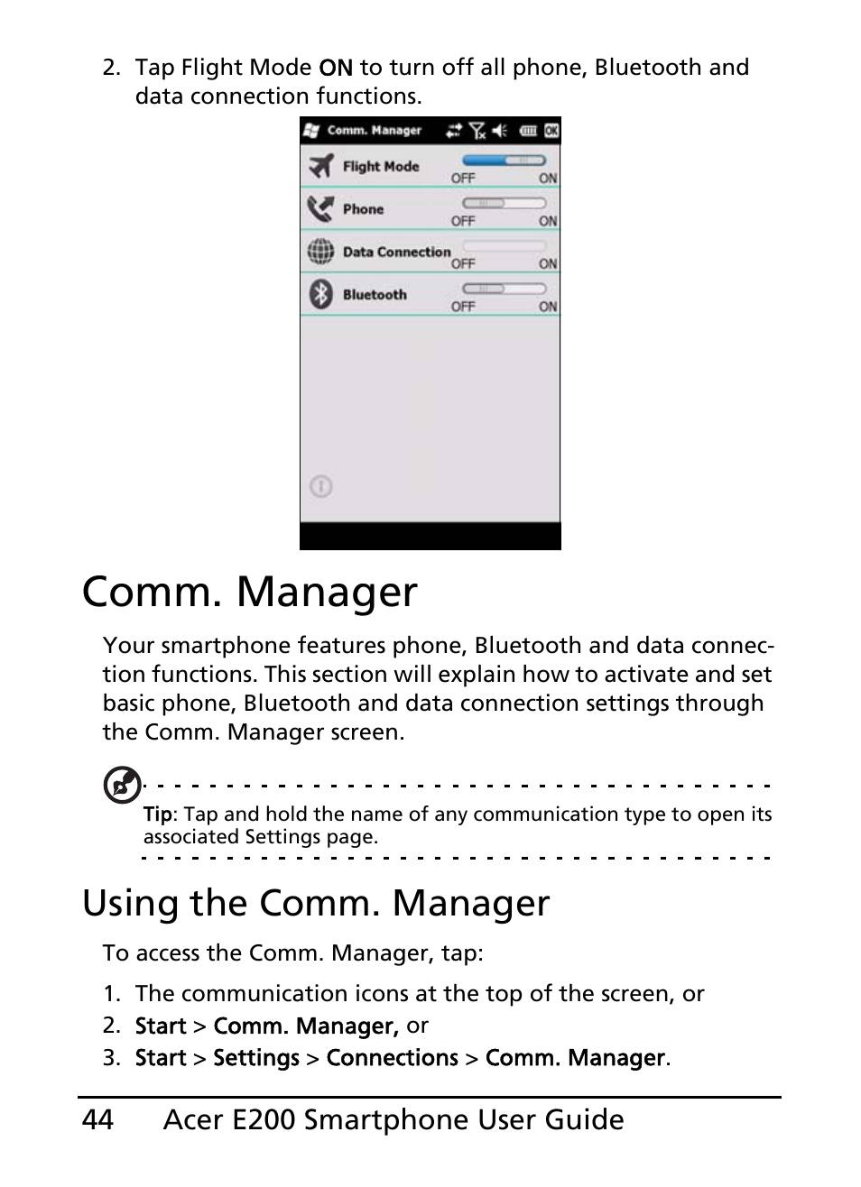 Comm. manager, Using the comm. manager | Acer E200 User Manual | Page 44 / 90