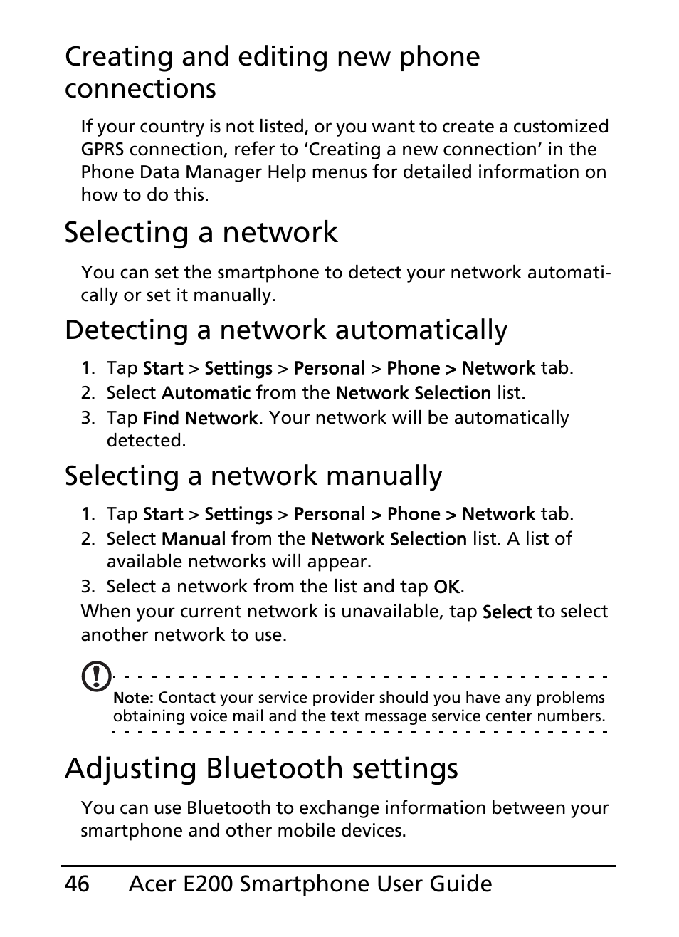 Selecting a network, Adjusting bluetooth settings, Creating and editing new phone connections | Detecting a network automatically, Selecting a network manually | Acer E200 User Manual | Page 46 / 90