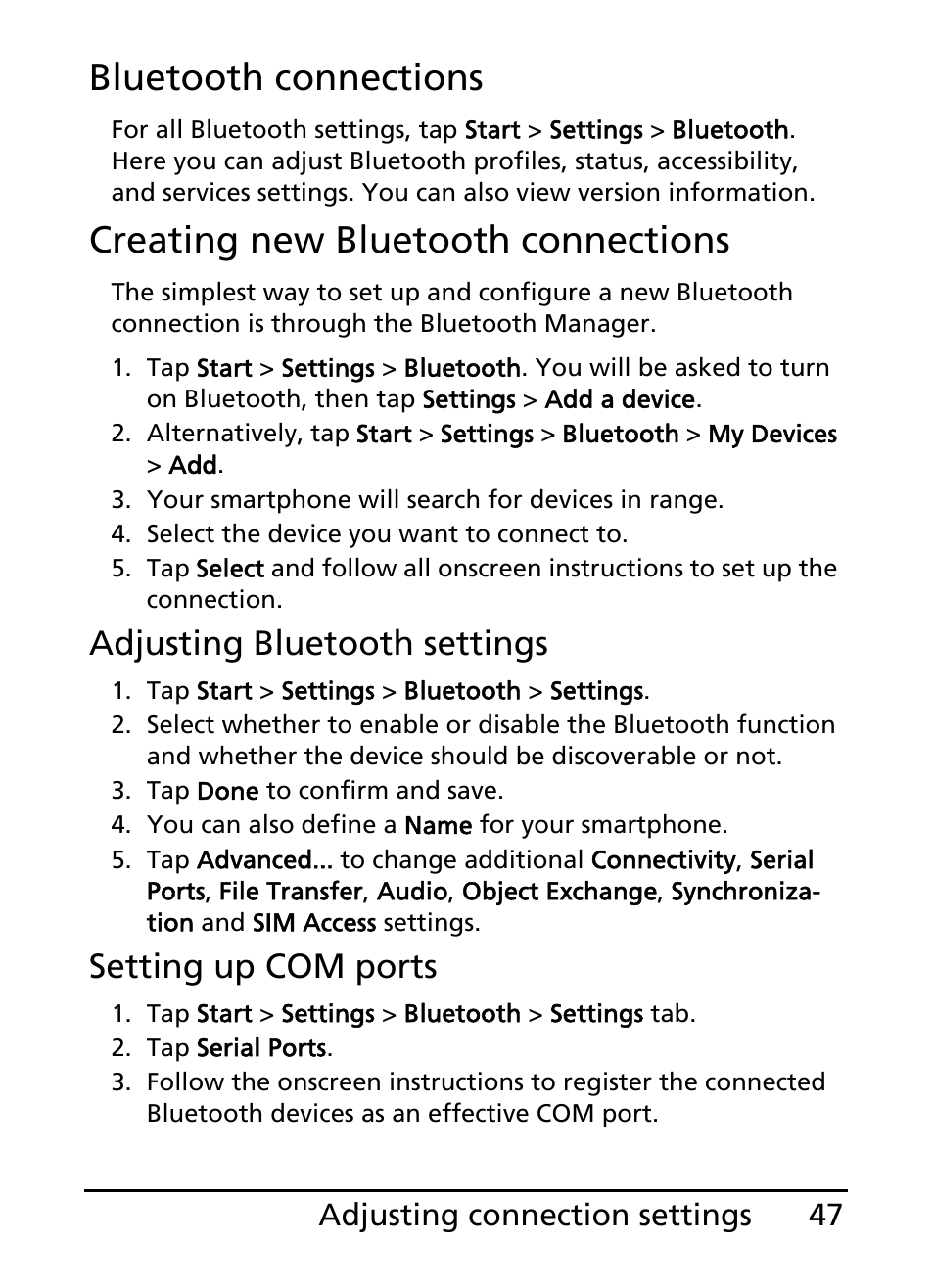 Bluetooth connections, Creating new bluetooth connections, Adjusting bluetooth settings | Setting up com ports | Acer E200 User Manual | Page 47 / 90