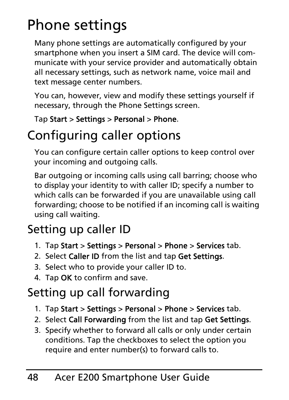 Phone settings, Configuring caller options, Setting up caller id | Setting up call forwarding | Acer E200 User Manual | Page 48 / 90