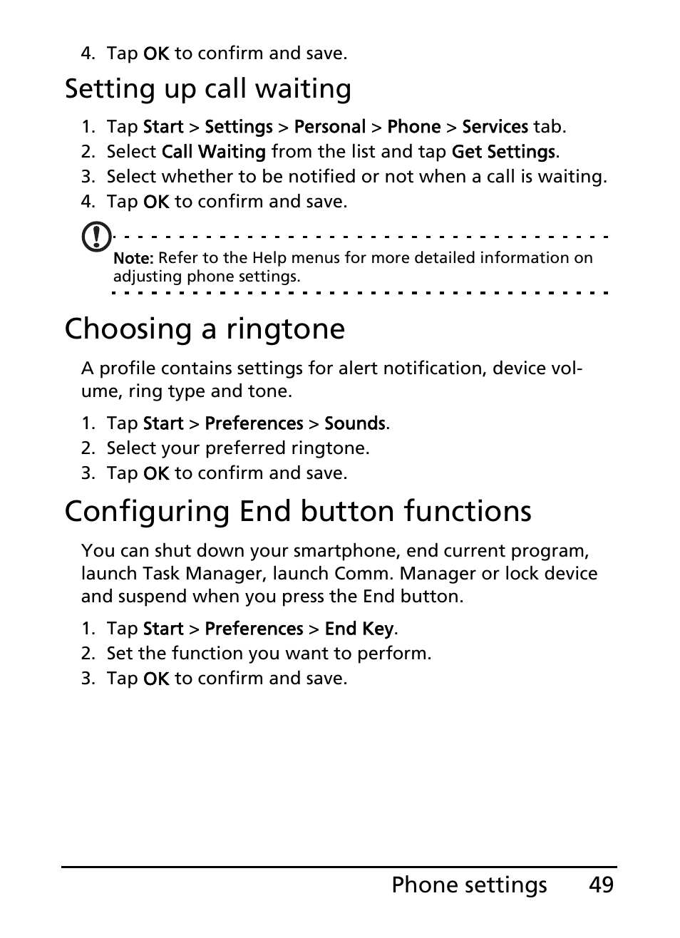 Choosing a ringtone, Configuring end button functions, Setting up call waiting | Acer E200 User Manual | Page 49 / 90