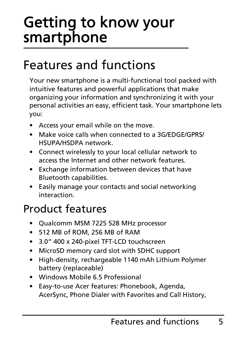 Features and functions, Getting to know your smartphone, Product features | Acer E200 User Manual | Page 5 / 90