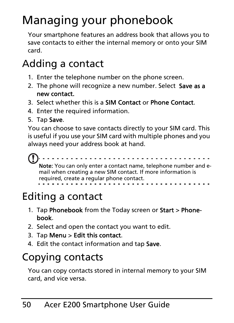 Managing your phonebook, Adding a contact, Editing a contact | Copying contacts | Acer E200 User Manual | Page 50 / 90