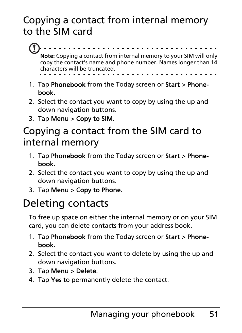 Deleting contacts | Acer E200 User Manual | Page 51 / 90