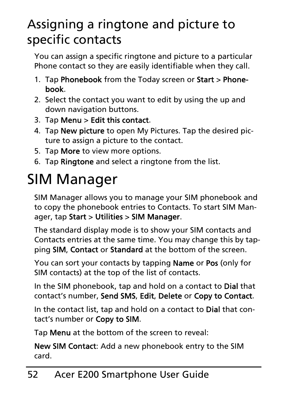 Sim manager | Acer E200 User Manual | Page 52 / 90