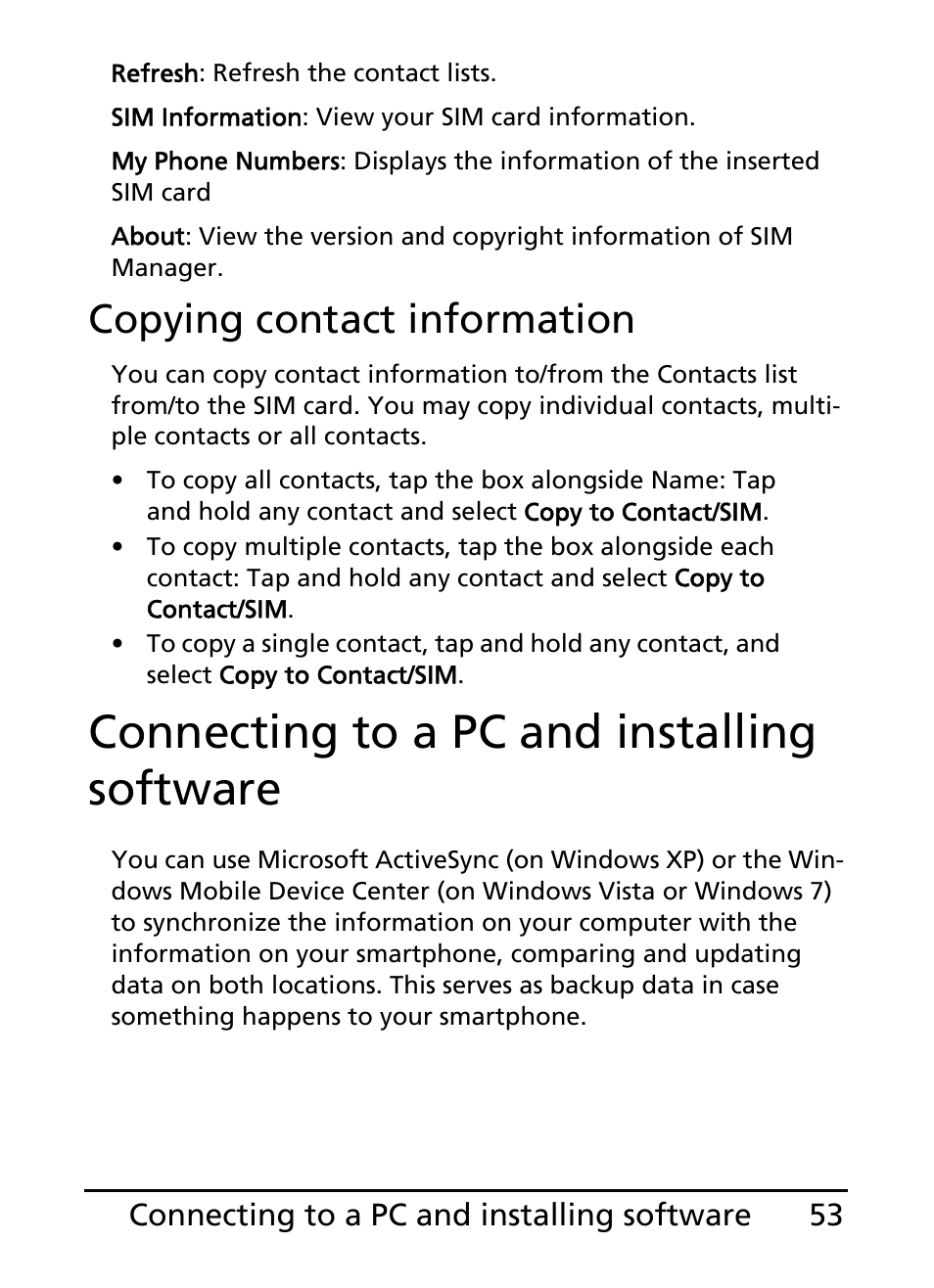 Connecting to a pc and installing software, Copying contact information | Acer E200 User Manual | Page 53 / 90