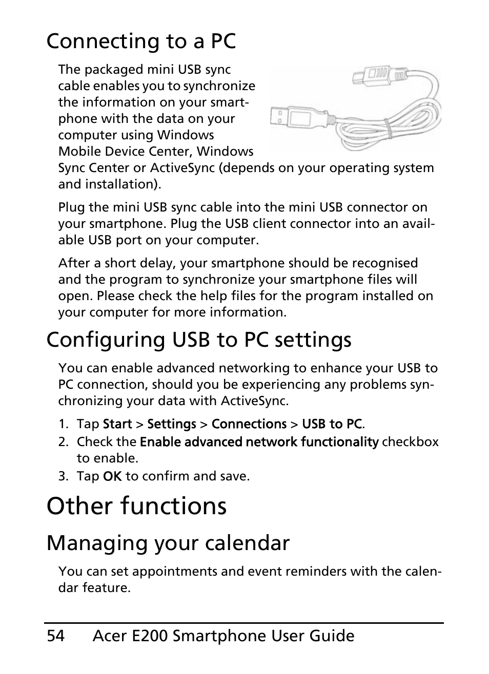 Other functions, Connecting to a pc, Configuring usb to pc settings | Managing your calendar | Acer E200 User Manual | Page 54 / 90