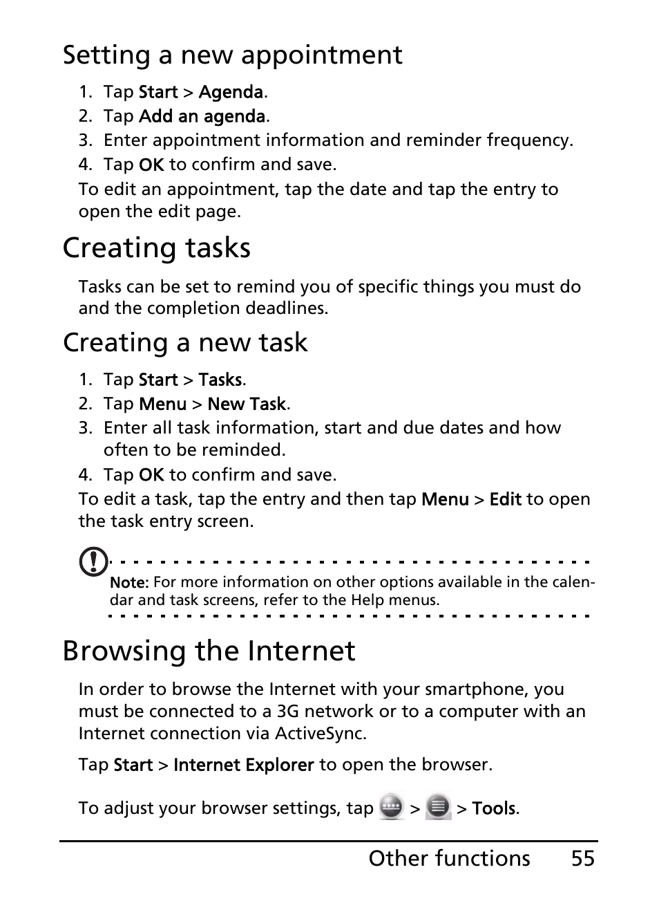 Creating tasks, Browsing the internet, Setting a new appointment | Creating a new task | Acer E200 User Manual | Page 55 / 90