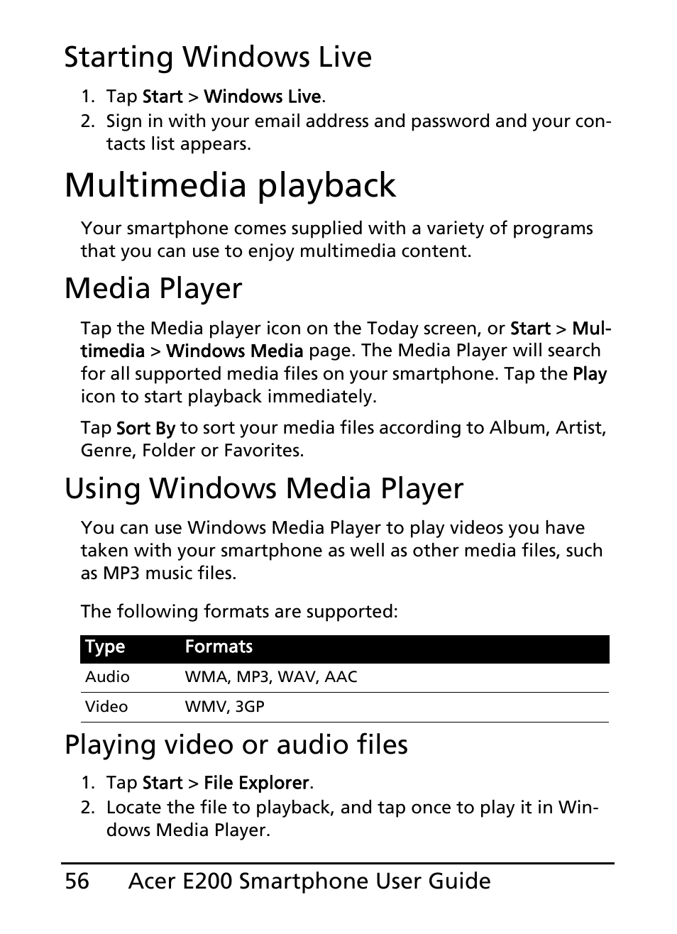 Multimedia playback, Starting windows live, Media player | Using windows media player, Playing video or audio files | Acer E200 User Manual | Page 56 / 90