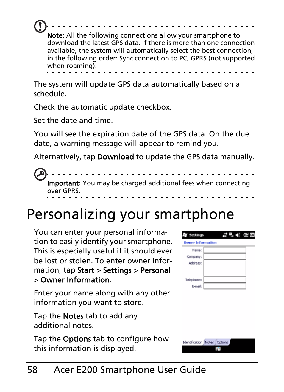 Personalizing your smartphone | Acer E200 User Manual | Page 58 / 90