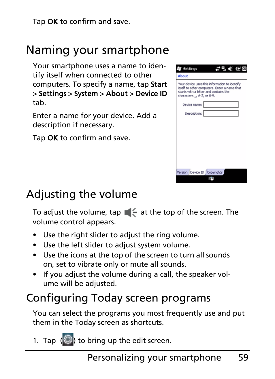 Naming your smartphone, Adjusting the volume, Configuring today screen programs | Acer E200 User Manual | Page 59 / 90