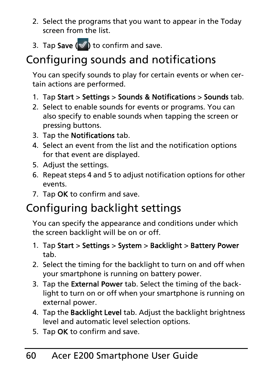 Configuring sounds and notifications, Configuring backlight settings | Acer E200 User Manual | Page 60 / 90