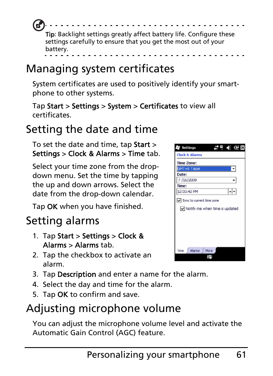 Managing system certificates, Setting the date and time, Setting alarms | Adjusting microphone volume | Acer E200 User Manual | Page 61 / 90