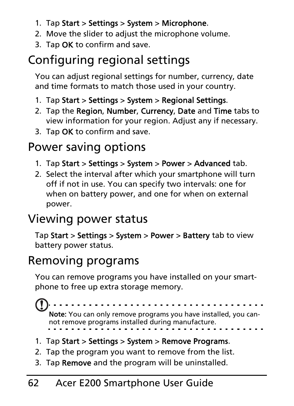 Configuring regional settings, Power saving options, Viewing power status | Removing programs | Acer E200 User Manual | Page 62 / 90