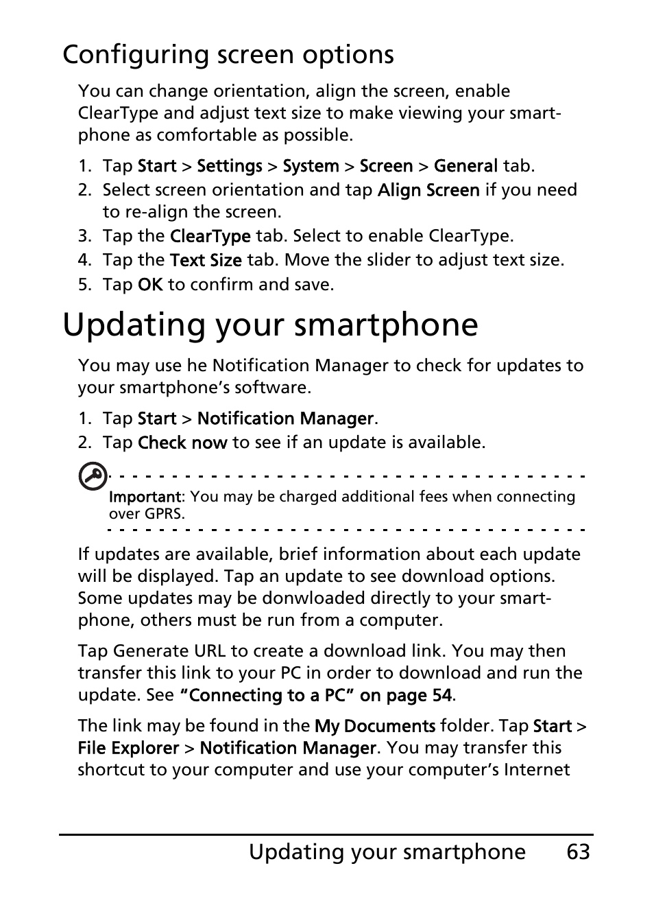 Updating your smartphone, Configuring screen options | Acer E200 User Manual | Page 63 / 90