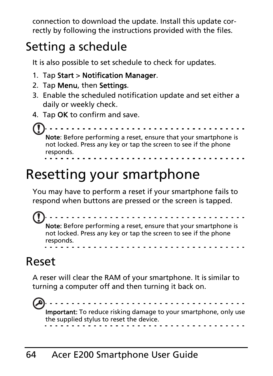 Setting a schedule, Resetting your smartphone, Setting a schedule resetting your smartphone | Reset | Acer E200 User Manual | Page 64 / 90