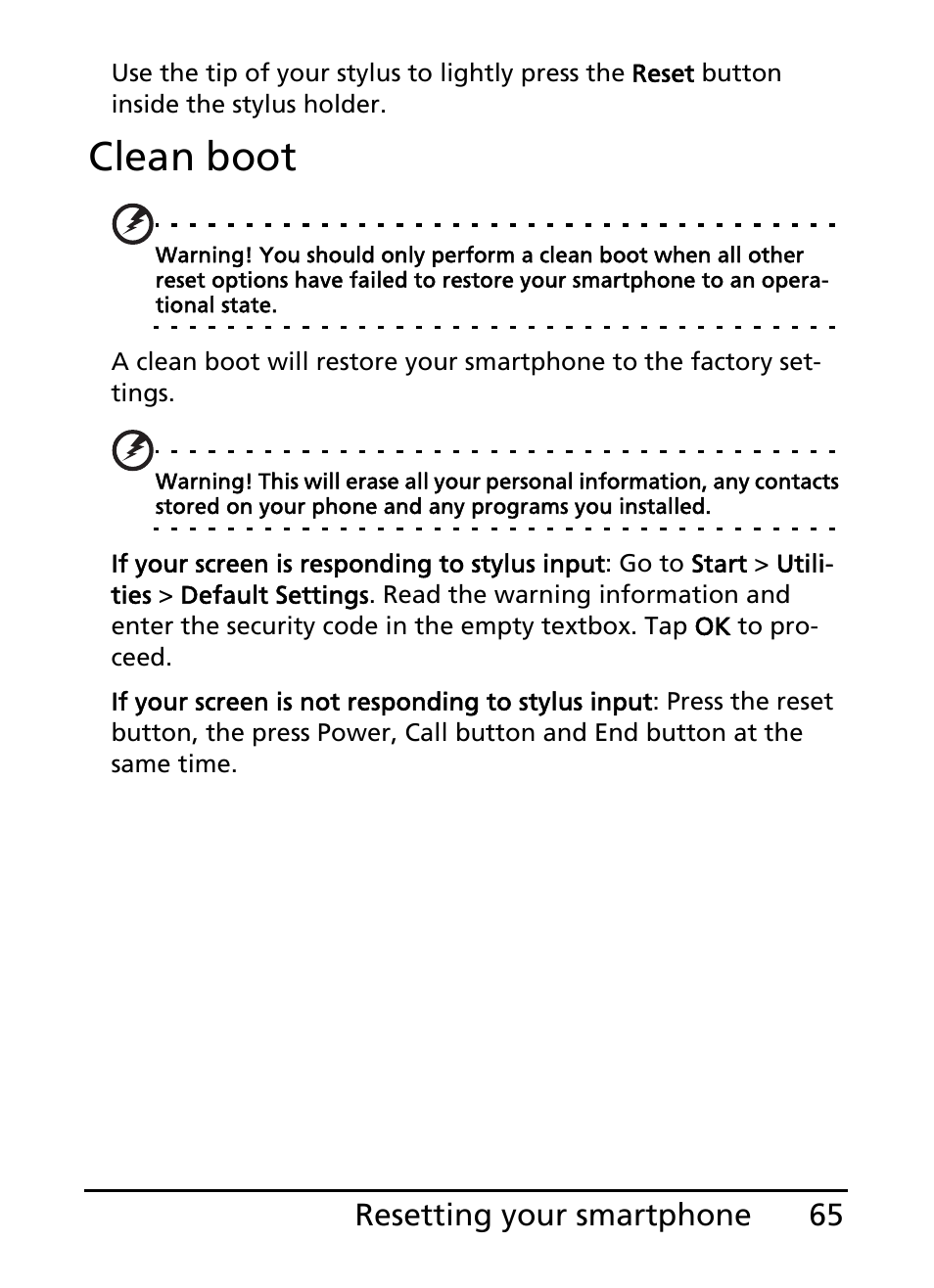 Clean boot, 65 resetting your smartphone | Acer E200 User Manual | Page 65 / 90