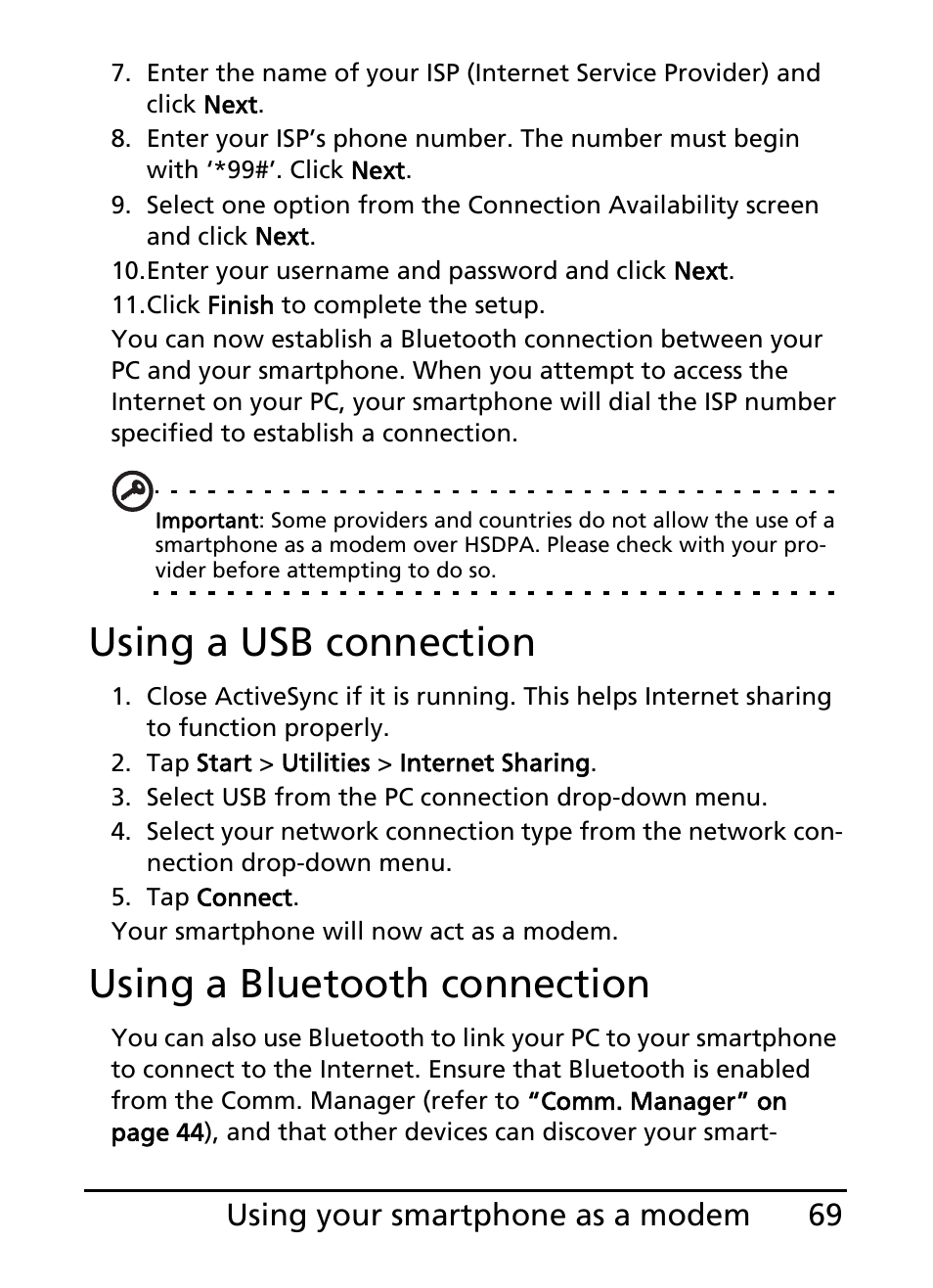 Using a usb connection, Using a bluetooth connection, 69 using your smartphone as a modem | Acer E200 User Manual | Page 69 / 90