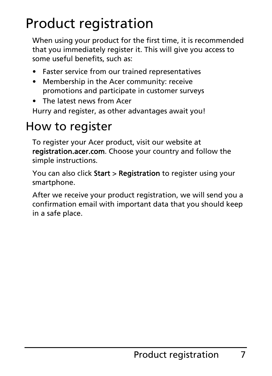 Product registration, How to register | Acer E200 User Manual | Page 7 / 90