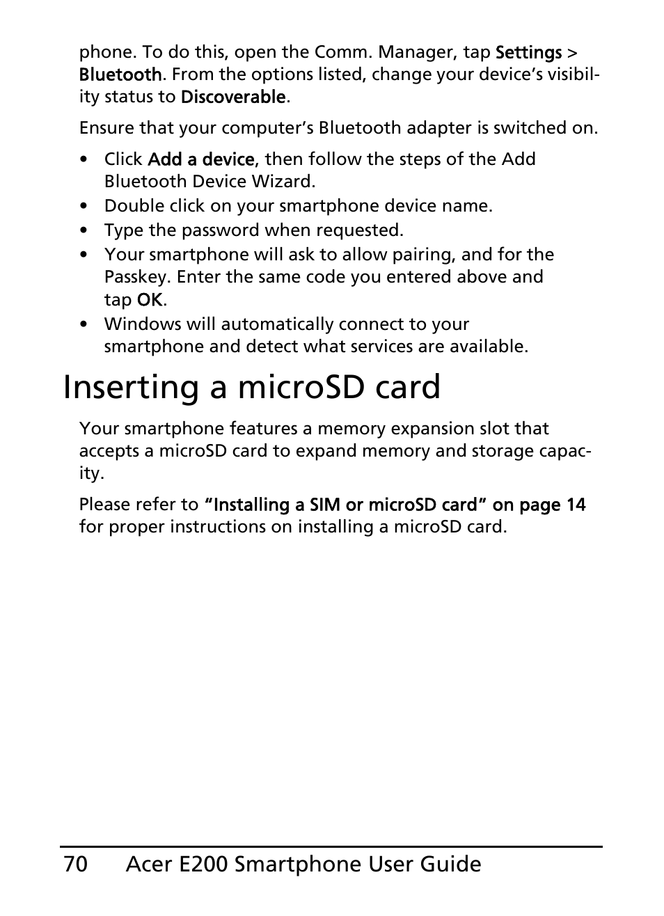 Inserting a microsd card | Acer E200 User Manual | Page 70 / 90