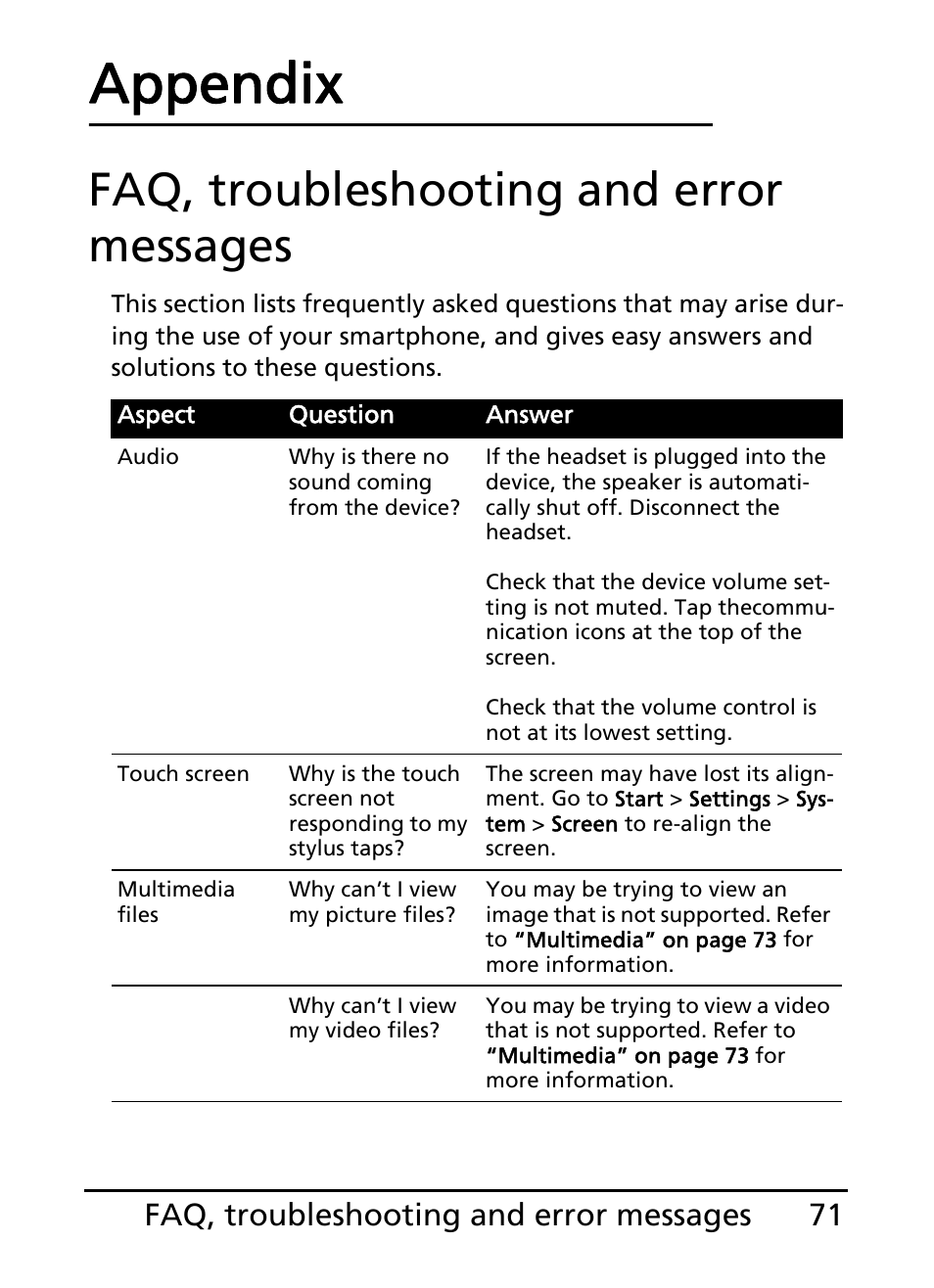 Faq, troubleshooting and error messages, Appendix, 71 faq, troubleshooting and error messages | Acer E200 User Manual | Page 71 / 90