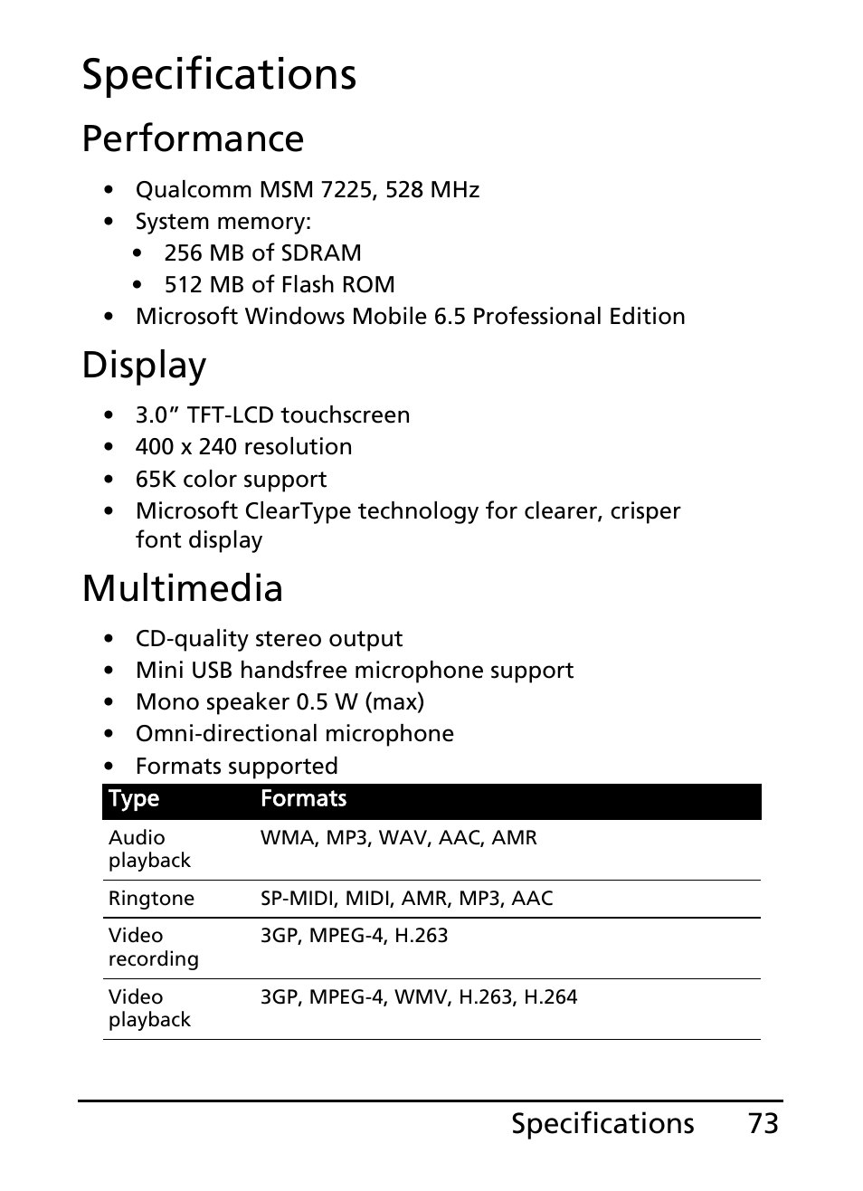 Specifications, Performance, Display | Multimedia, 73 specifications | Acer E200 User Manual | Page 73 / 90