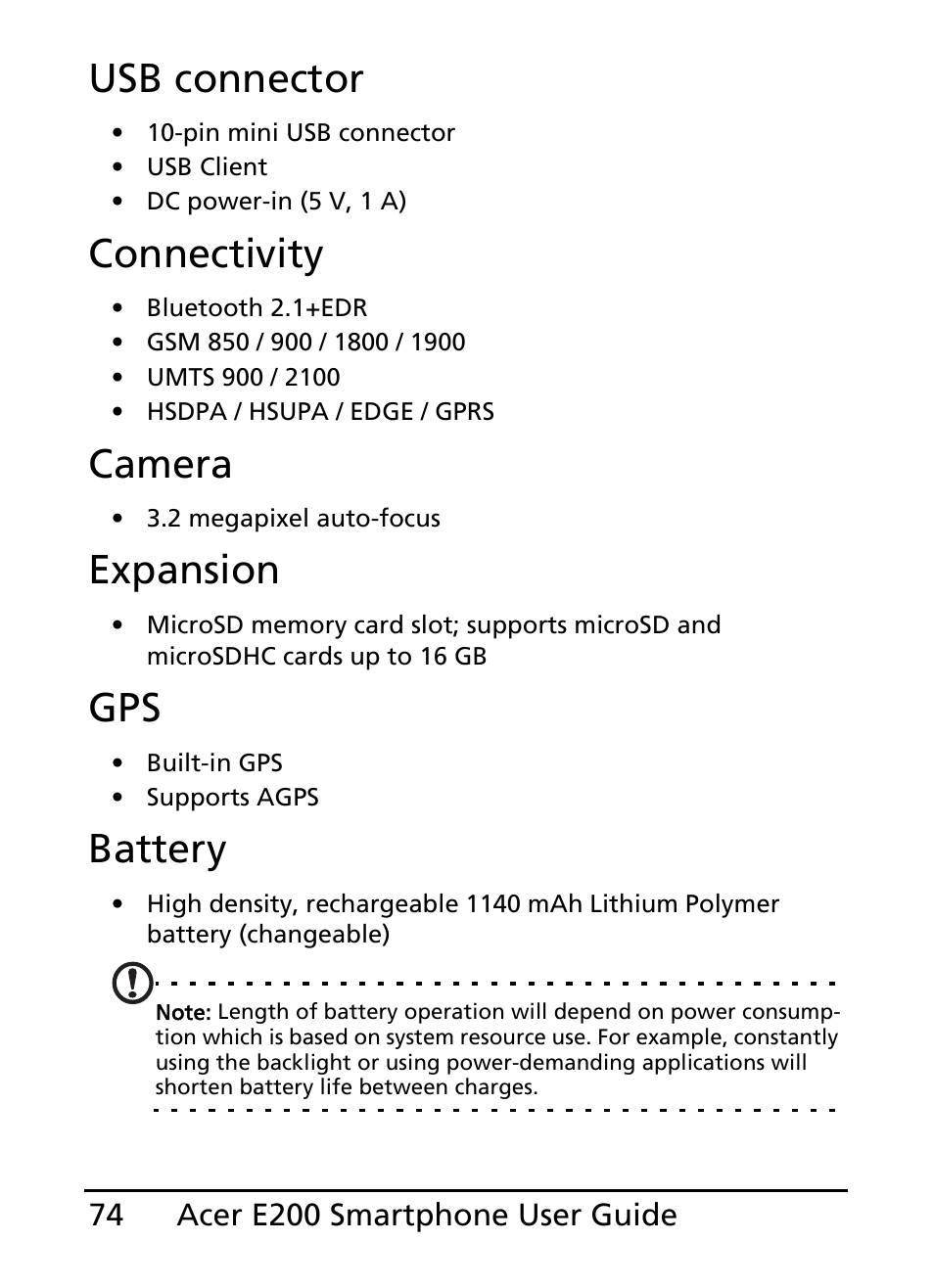 Usb connector, Connectivity, Camera | Expansion, Battery | Acer E200 User Manual | Page 74 / 90